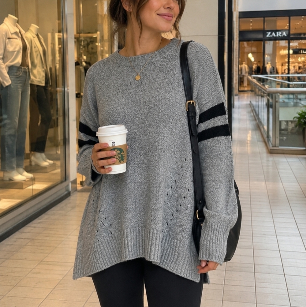 Pink Rose Gray Crewneck Sweater Women’s L Black Stripe Sleeve Soft Knit Pullover